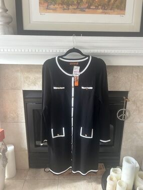 Belldini Black Long-Sleeve Knit Cardigan Dress with White Trim